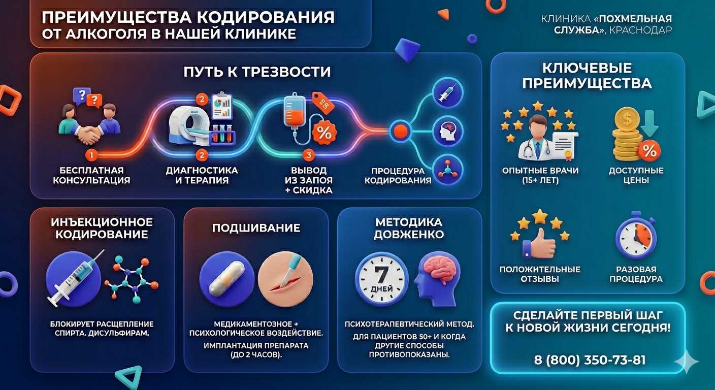 Инфографика о методах кодирования от алкоголя в Новочеркасске: инъекции, подшивание, метод Довженко. Преимущества клиники и этапы лечения.