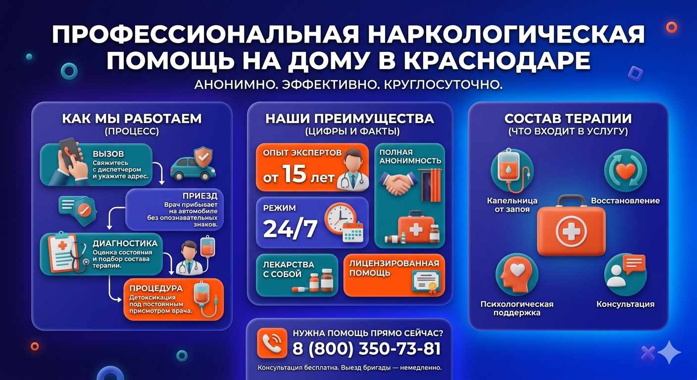 Инфографика о принципах лечения алкоголизма на дому в Новочеркасске: этапы вызова нарколога, преимущества анонимной детоксикации и состав медицинской помощи.